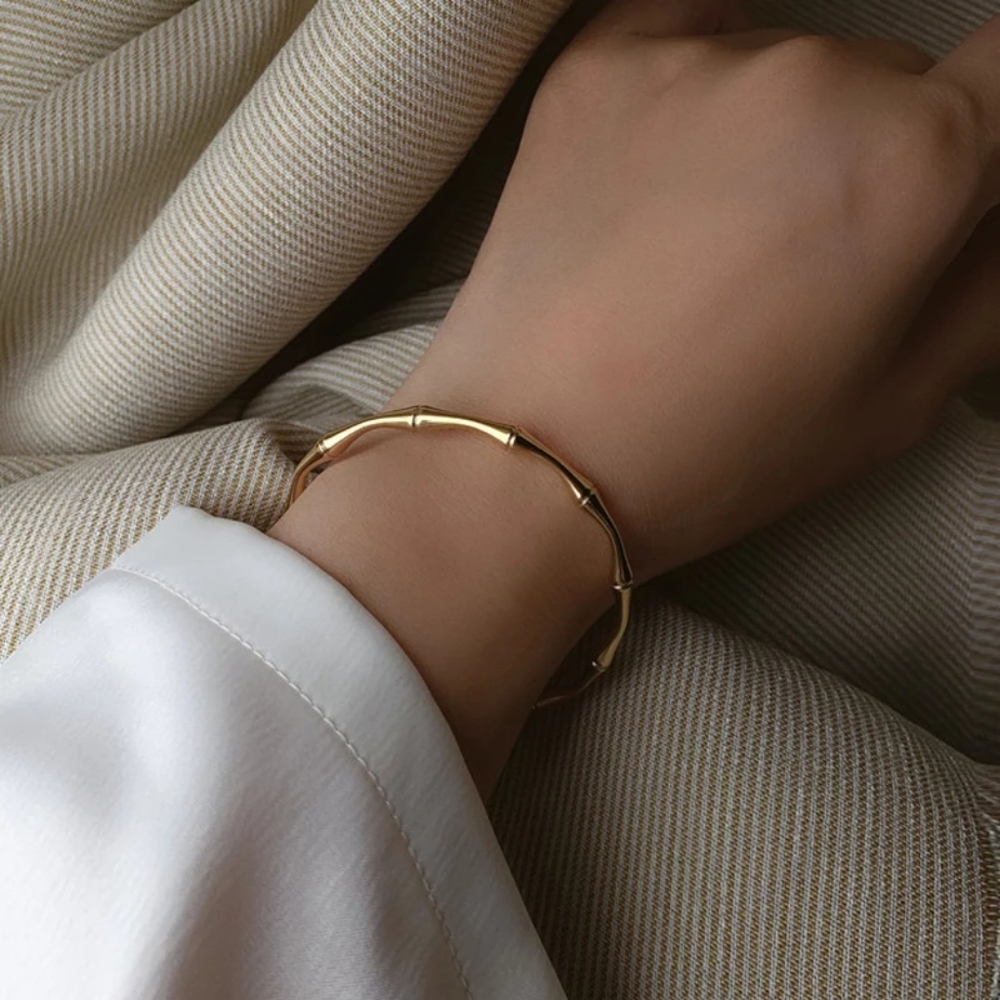 NEW 18k Yellow Gold Plated Bamboo Adjustable Cuff - Picture 9 of 11
